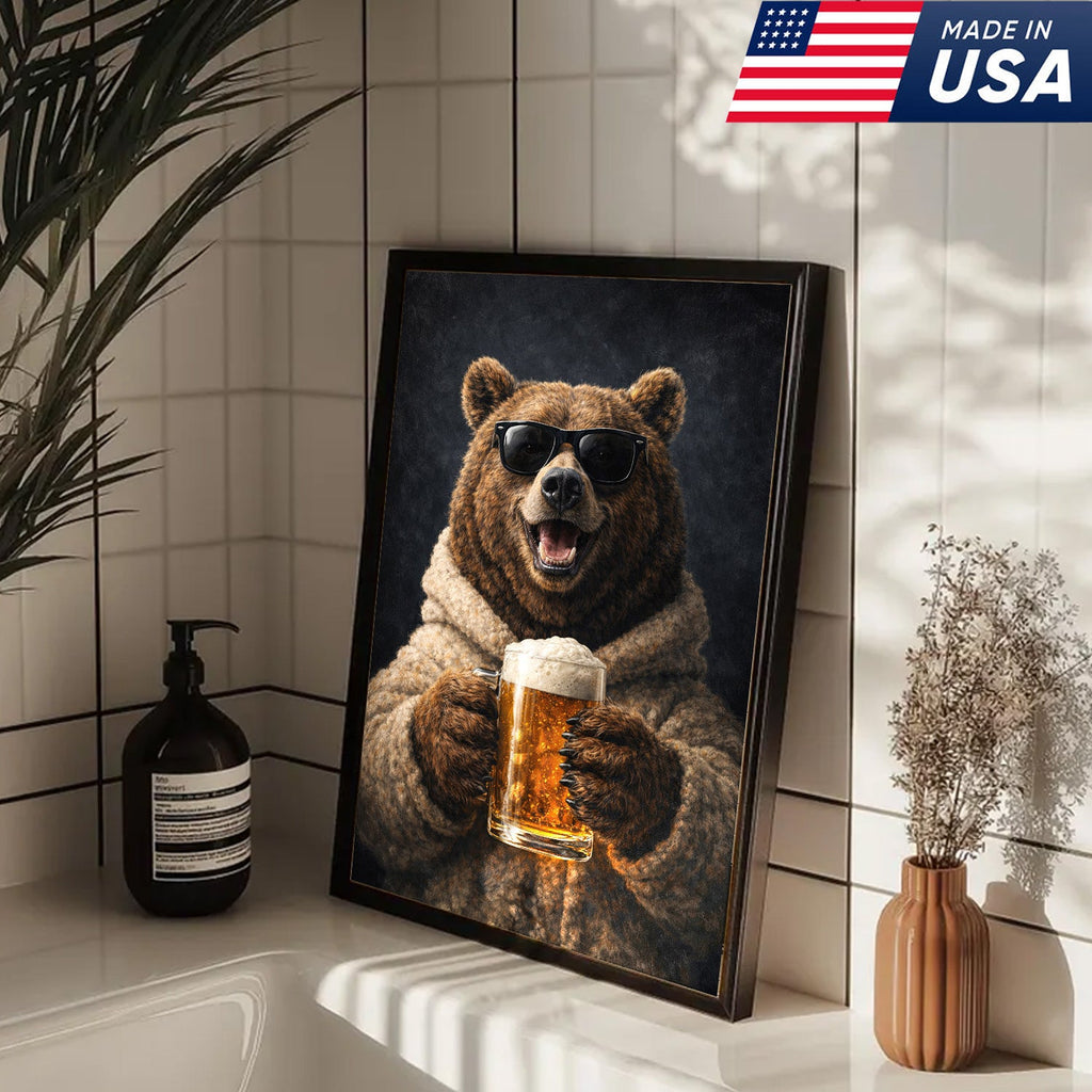 Funny Beer Bear Canvas Print Gift for Him Dad Husband Man Cave Decor