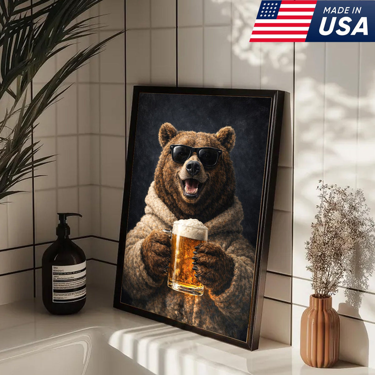 Funny Beer Bear Canvas Print Gift for Him Dad Husband Man Cave Decor