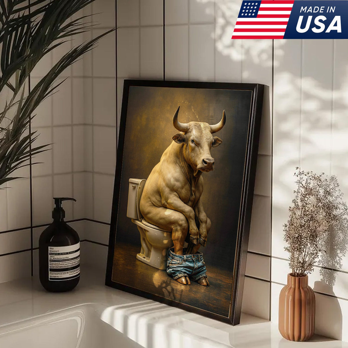Funny Bull on Toilet Wall Art Canvas – Hilarious Farmhouse Bathroom Decor for Men & Guests