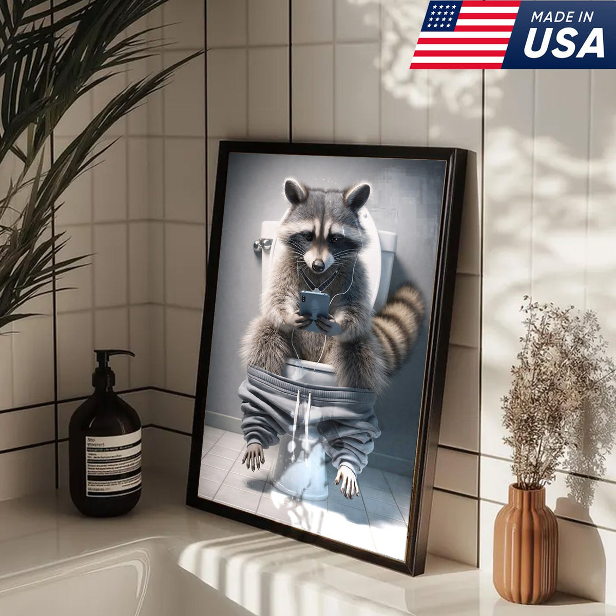 Funny Raccoon Toilet Canvas, Bathroom Humor Wall Art, Animal Decor