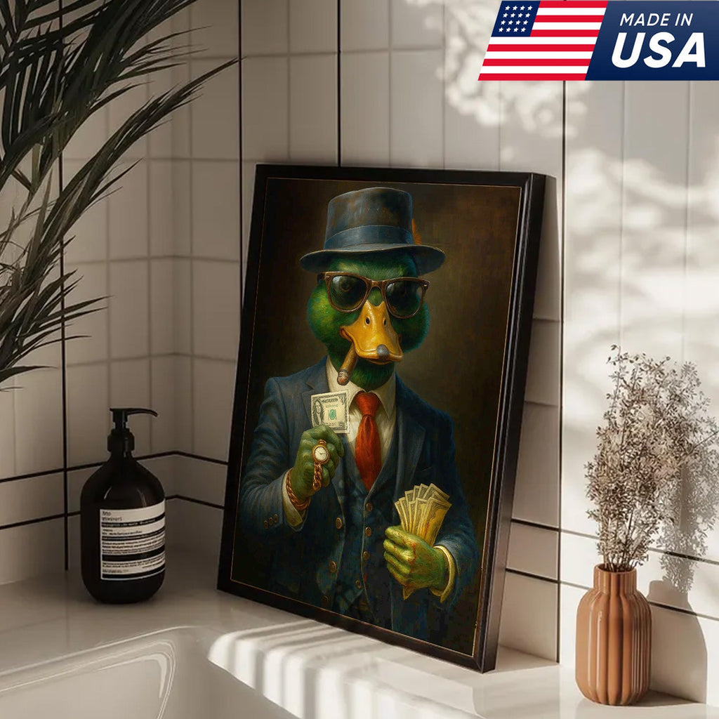 Gangster Duck Money Canvas Wall Art, Rich Boss Duck in Suit Holding Cash