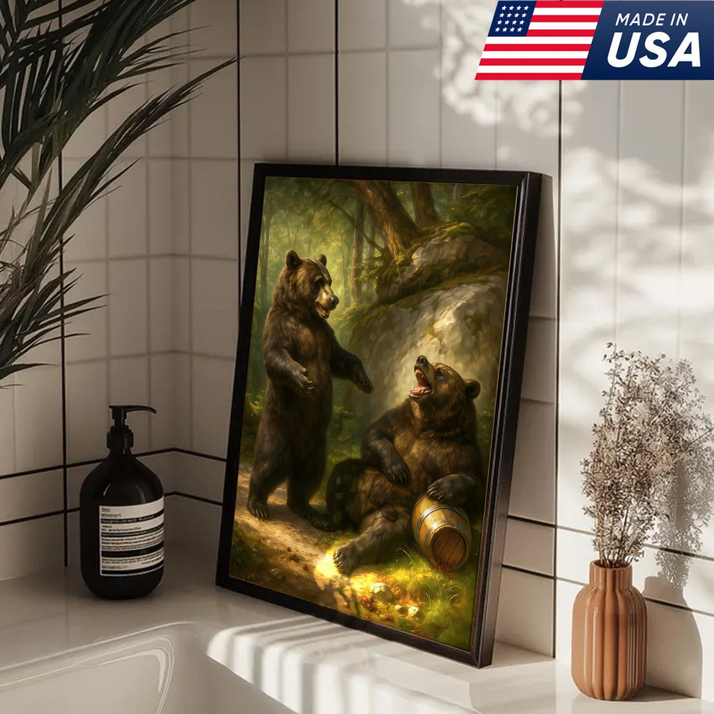 Funny Drunk Bears Canvas – Rustic Cabin Wall Art Gift for Hunters, Beer Lovers & Man Caves