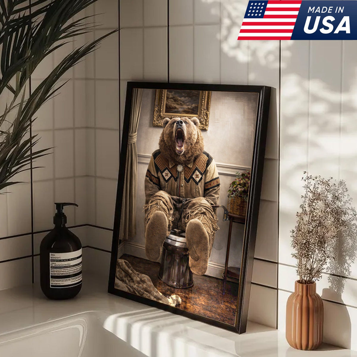 Funny Bear Bathroom Canvas Wall Art – Western Bear On Toilet