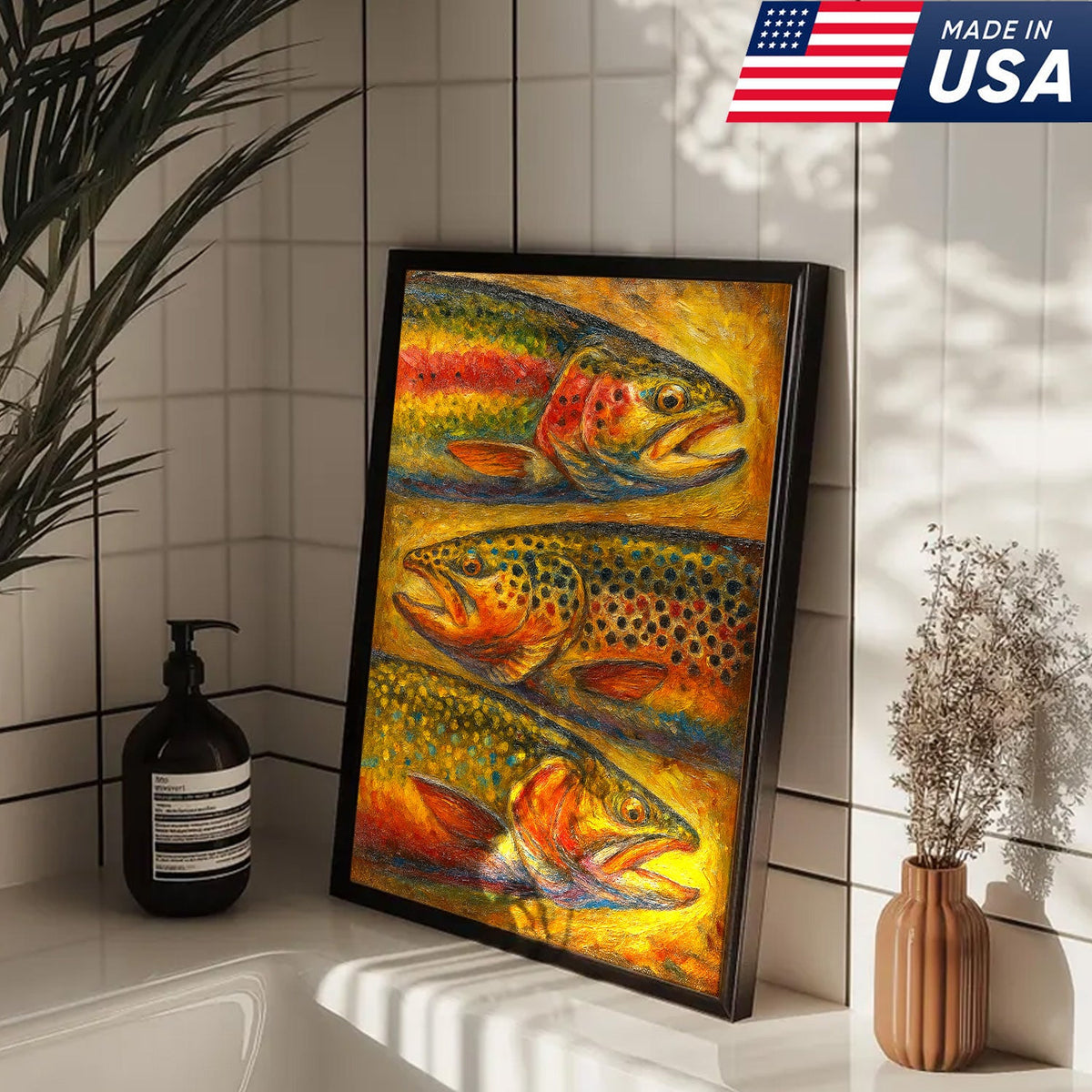 Trout Oil Painting Canvas Wall Art – Rustic Fishing Lodge Decor Gift for Anglers & Nature Lovers