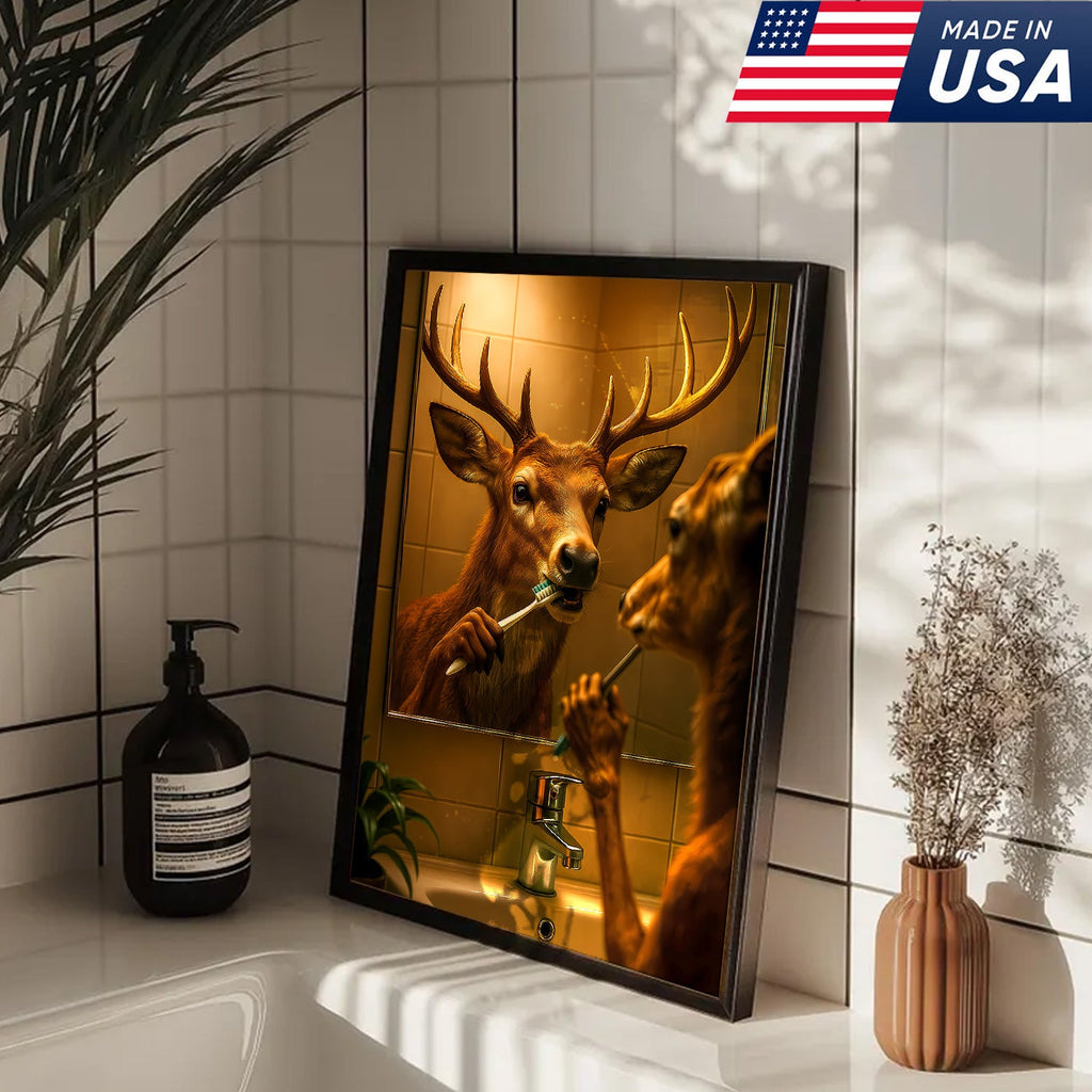 Deer Brushing Teeth Canvas – Funny Bathroom Wall Art, Cabin Decor Gift for Hunters