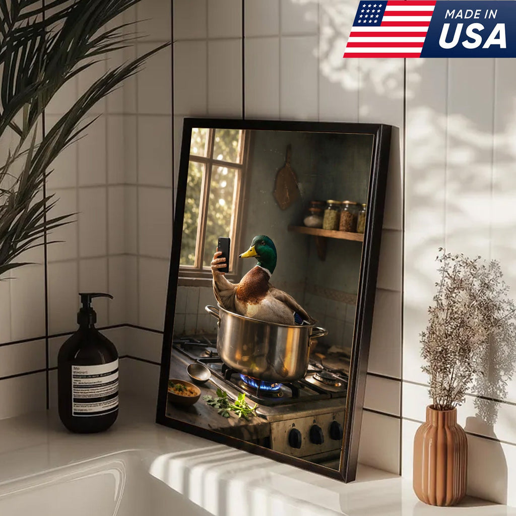 Funny Duck Cooking Selfie Canvas Wall Art, Whimsical Kitchen Animal Illustration