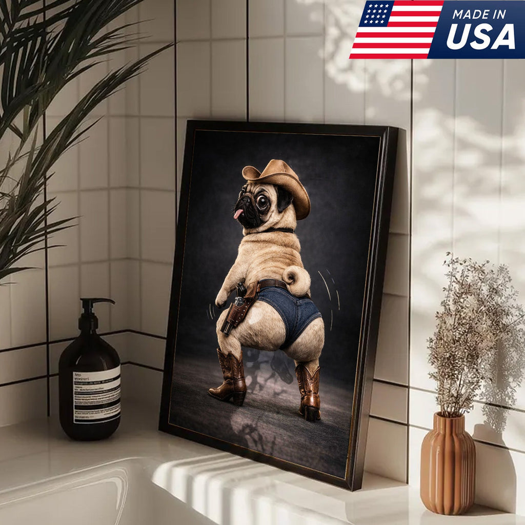 Funny Pug Canvas – Cowboy Dog Wall Art – Western Humor Decor