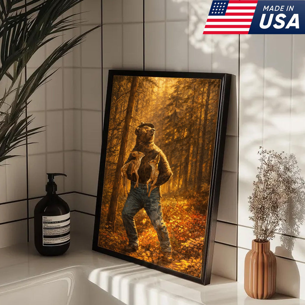 Protector of the Wild Canvas Wall Art – Bear Holding Fawns Forest Scene Print