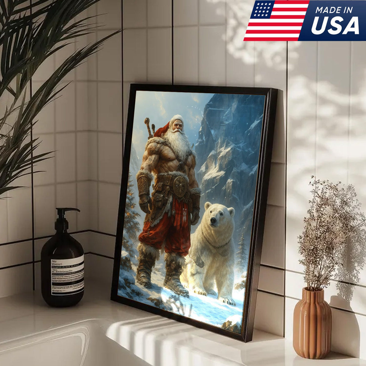 Viking Santa with Polar Bear Canvas Wall Art, Epic Christmas Warrior Decor