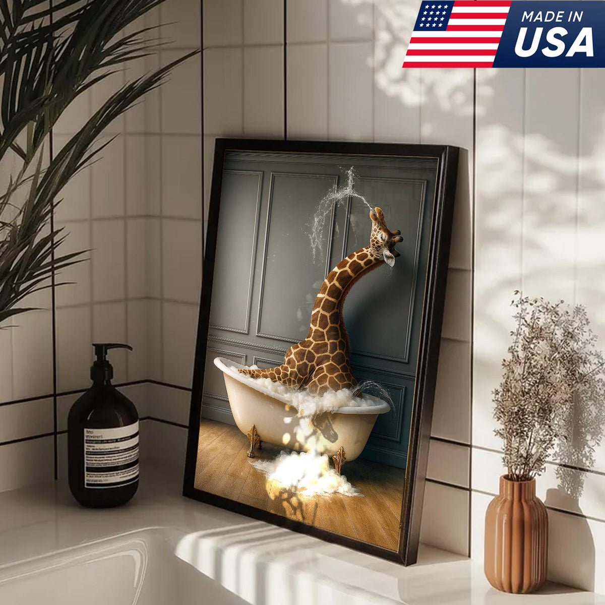 Funny Giraffe Bubble Bath Wall Art Canvas, Animals in Bathtub Kids Bathroom Decor