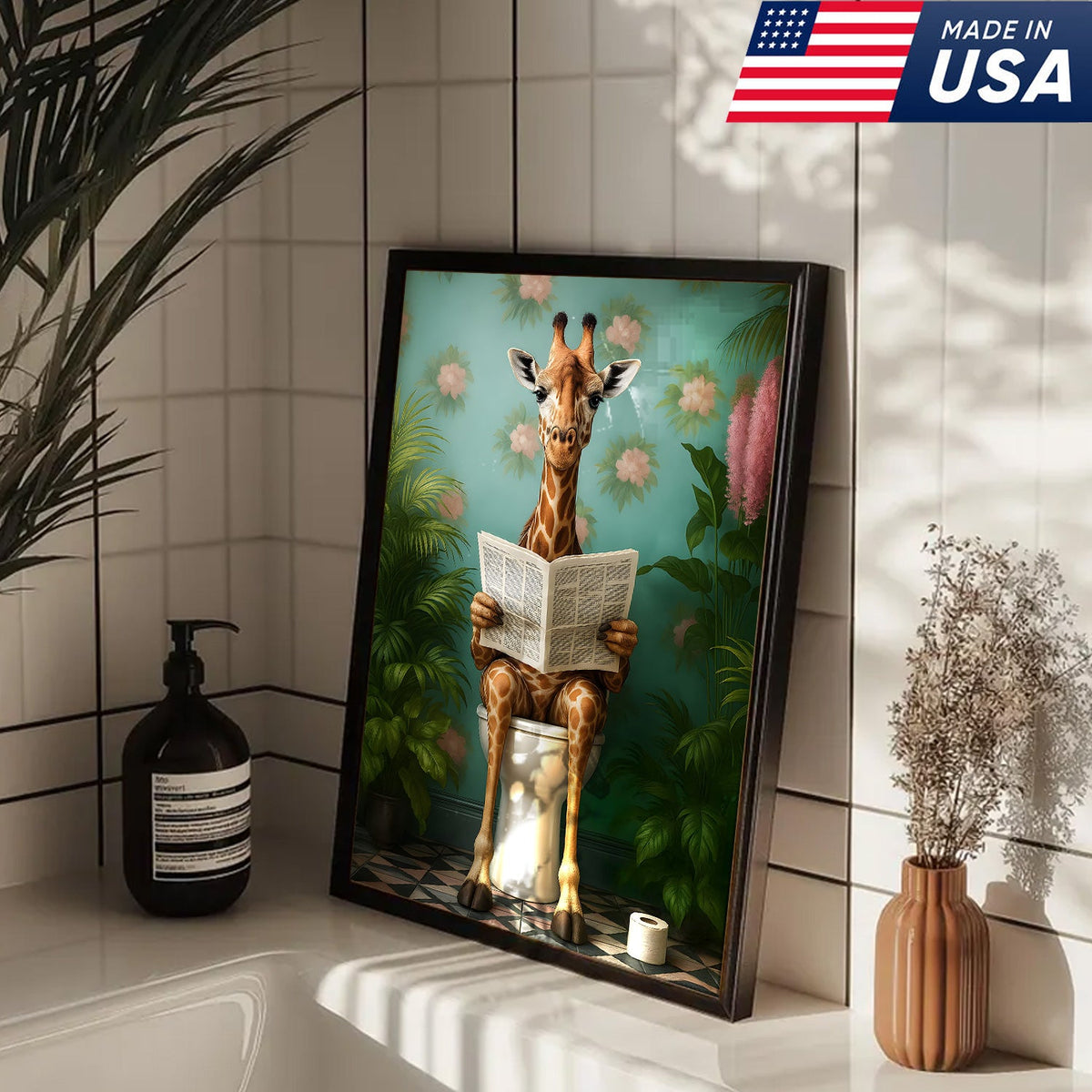 Funny Giraffe Bathroom Canvas Wall Art, Whimsical Animal Reading Newspaper Print