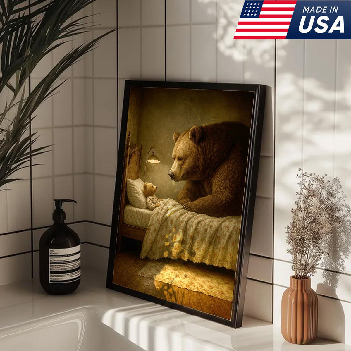 Mother Bear and Cub Canvas Wall Art, Whimsical Bedtime Wildlife Artwork