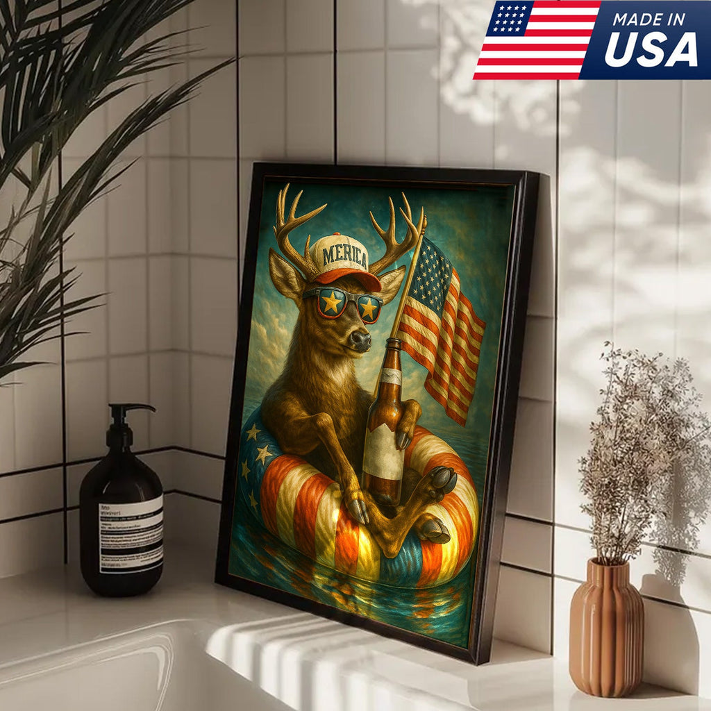 Patriotic Deer Wall Art Canvas – Funny American Flag Wall Art, Man Cave & Rustic Cabin Decor