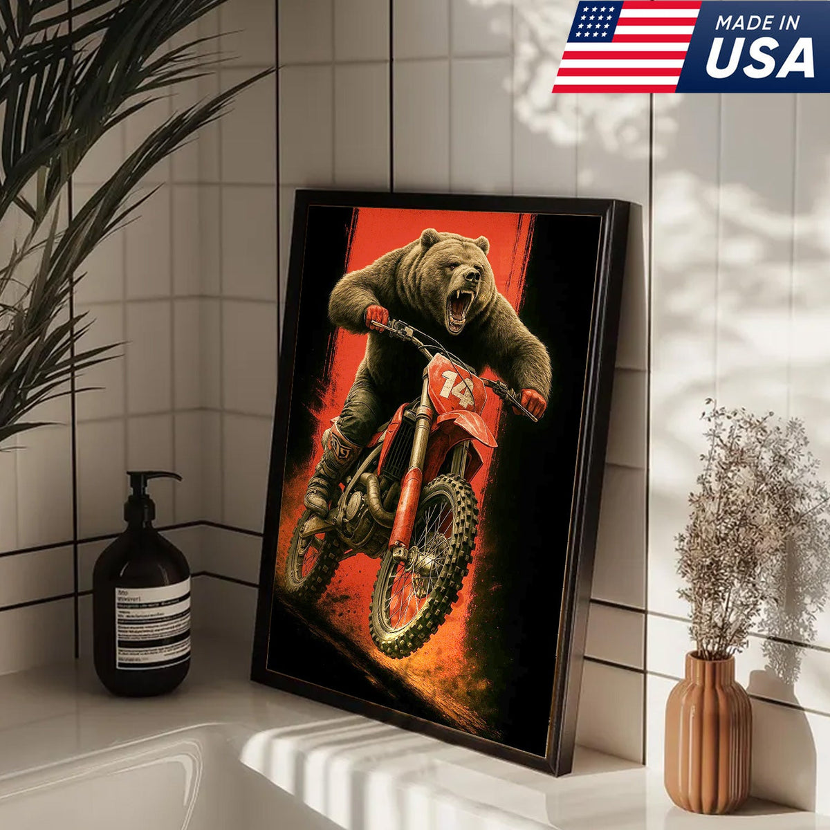 Motocross Bear Wall Art Canvas, Fierce Dirt Bike Racing Bear Print