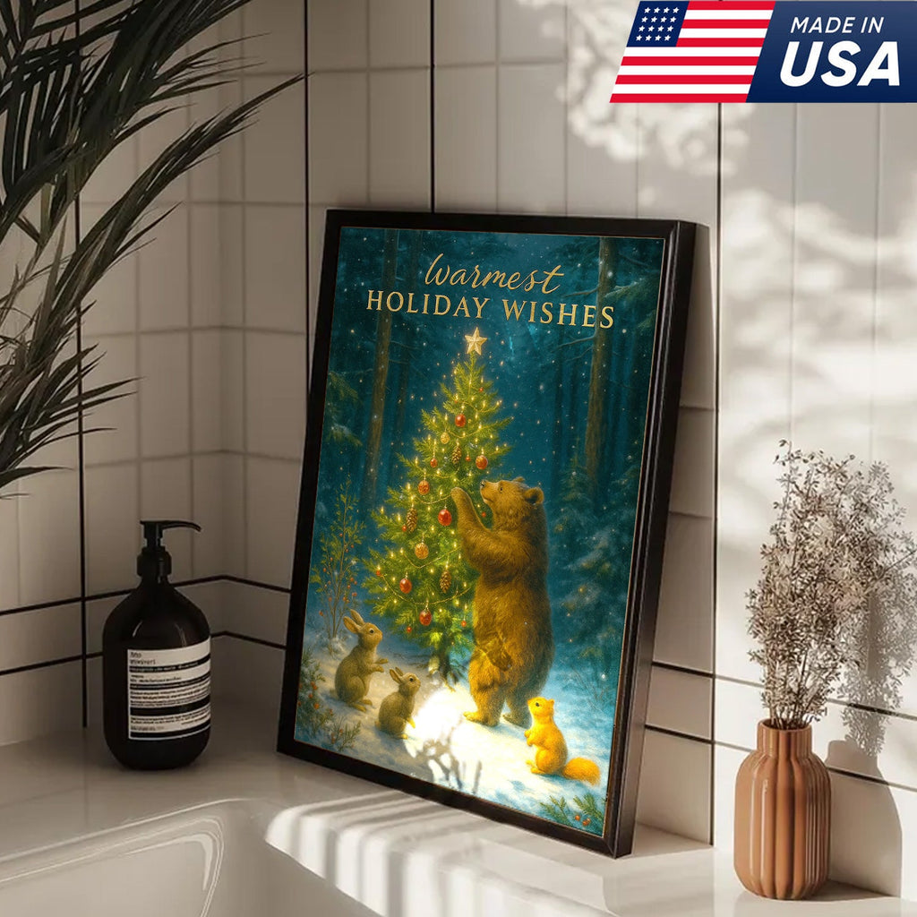 Warmest Holiday Wishes Woodland Christmas Art – Cute Bear & Forest Animals Wall Print
