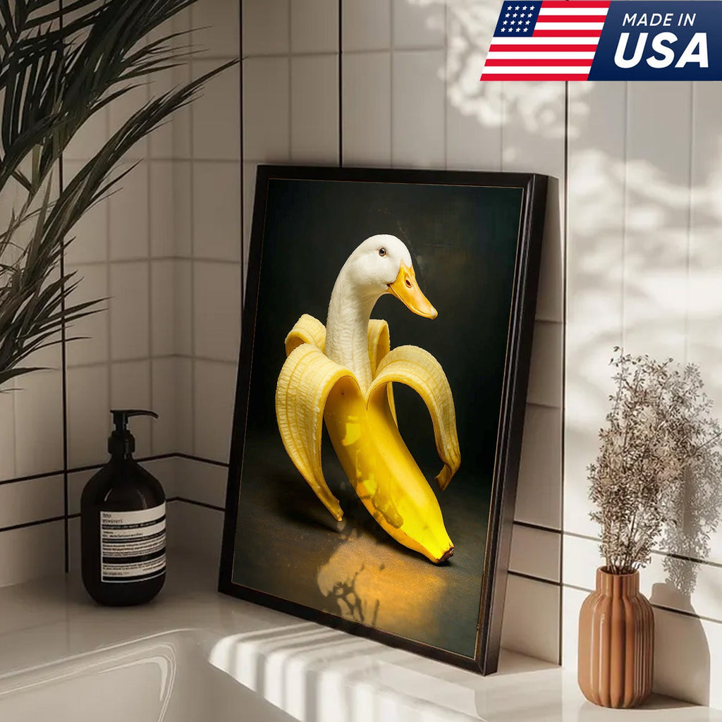 Banana Duck Canvas Wall Art, Surreal Fruit Animal Print, Funny Kitchen & Bathroom Decor