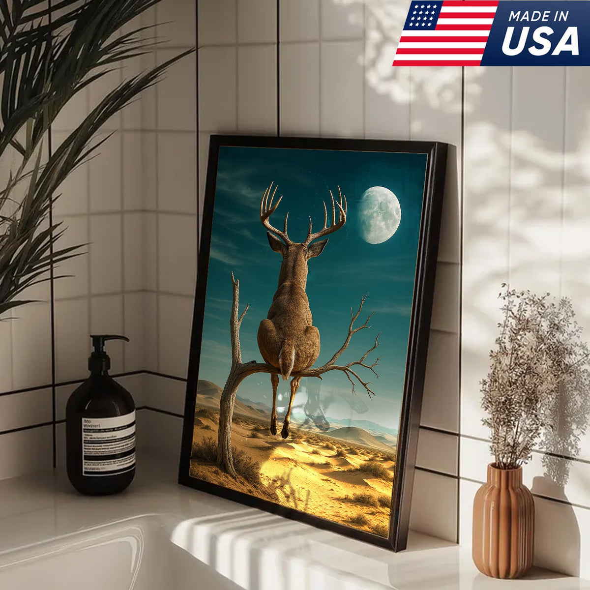 Funny Deer Moon Canvas, Whitetail Buck Sitting on Tree Wall Art, Humorous Hunter Gift