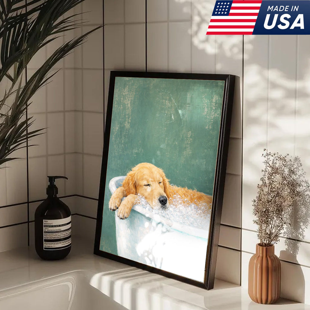 Golden Retriever Bath Canvas Wall Art, Cute Dog Bathroom Decor