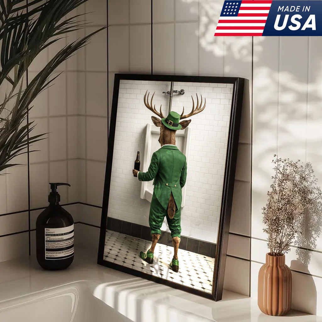 Funny Deer Canvas Wall Art, Leprechaun Buck Bathroom Humor Print