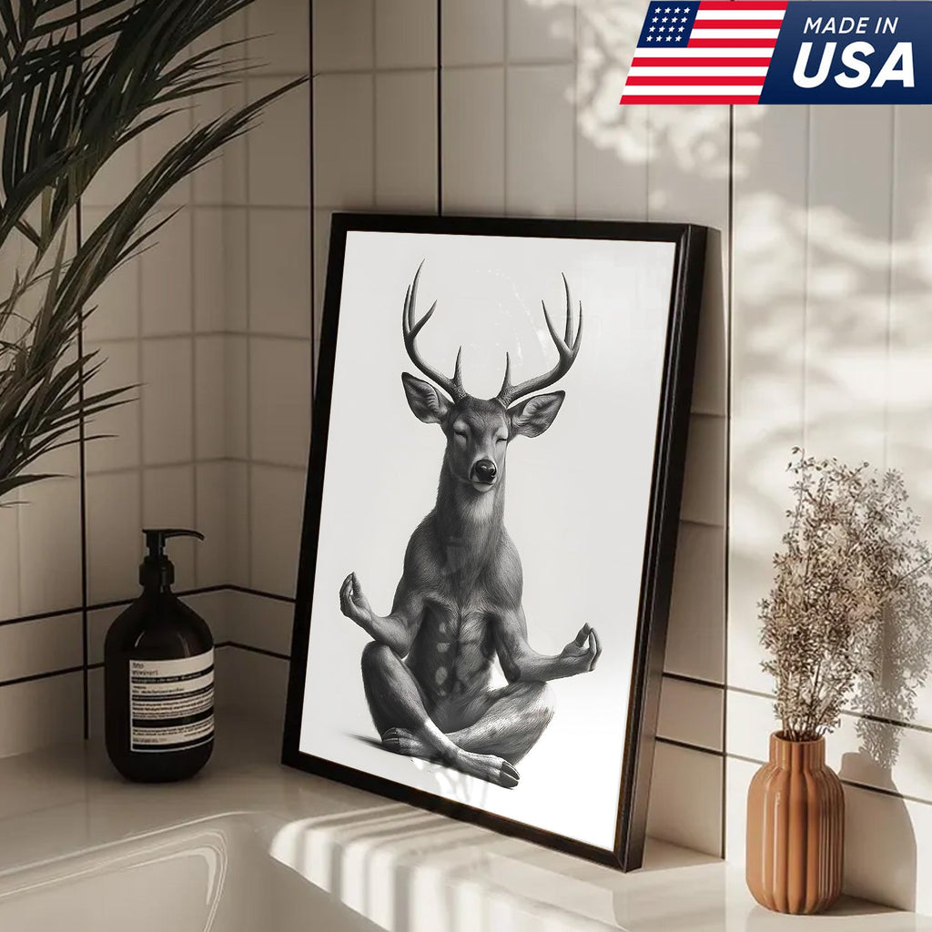 Yoga Deer Canvas Wall Art, Meditating Buck Minimalist Black and White Print, Peaceful Wildlife Zen Decor