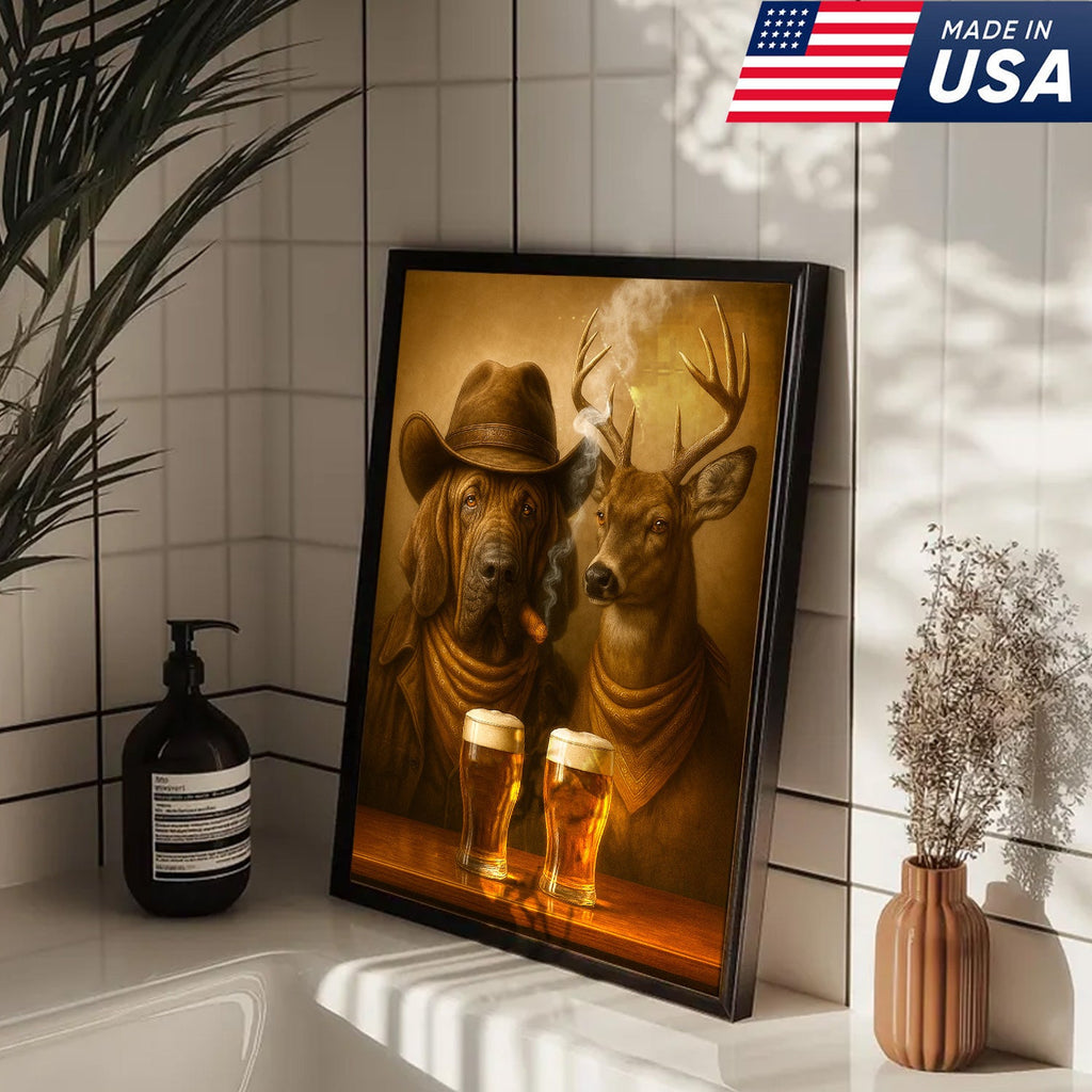 Funny Dog & Deer Cowboy Canvas Wall Art – Funny Rustic Beer Decor for Hunters