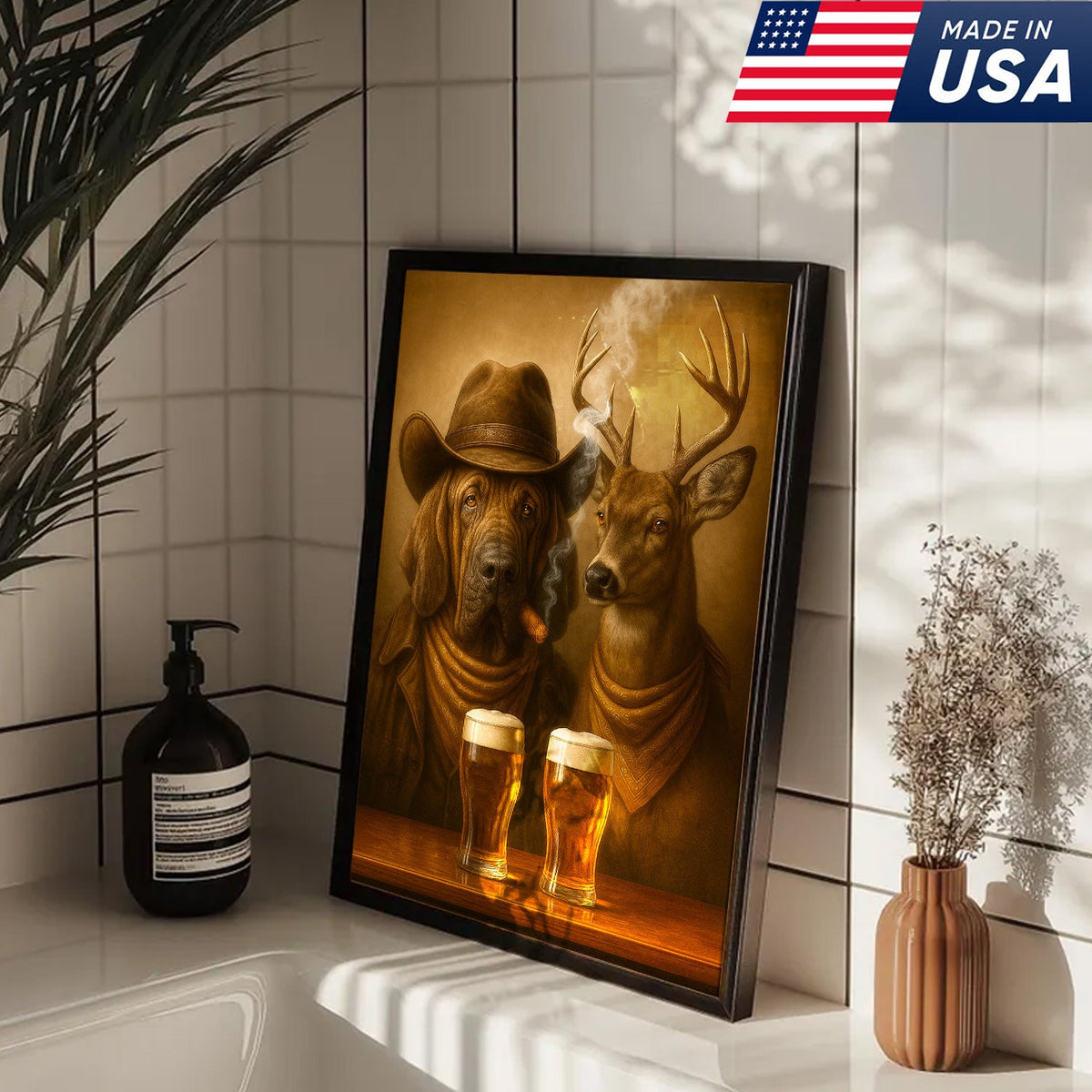 Funny Dog & Deer Cowboy Canvas Wall Art – Funny Rustic Beer Decor for Hunters