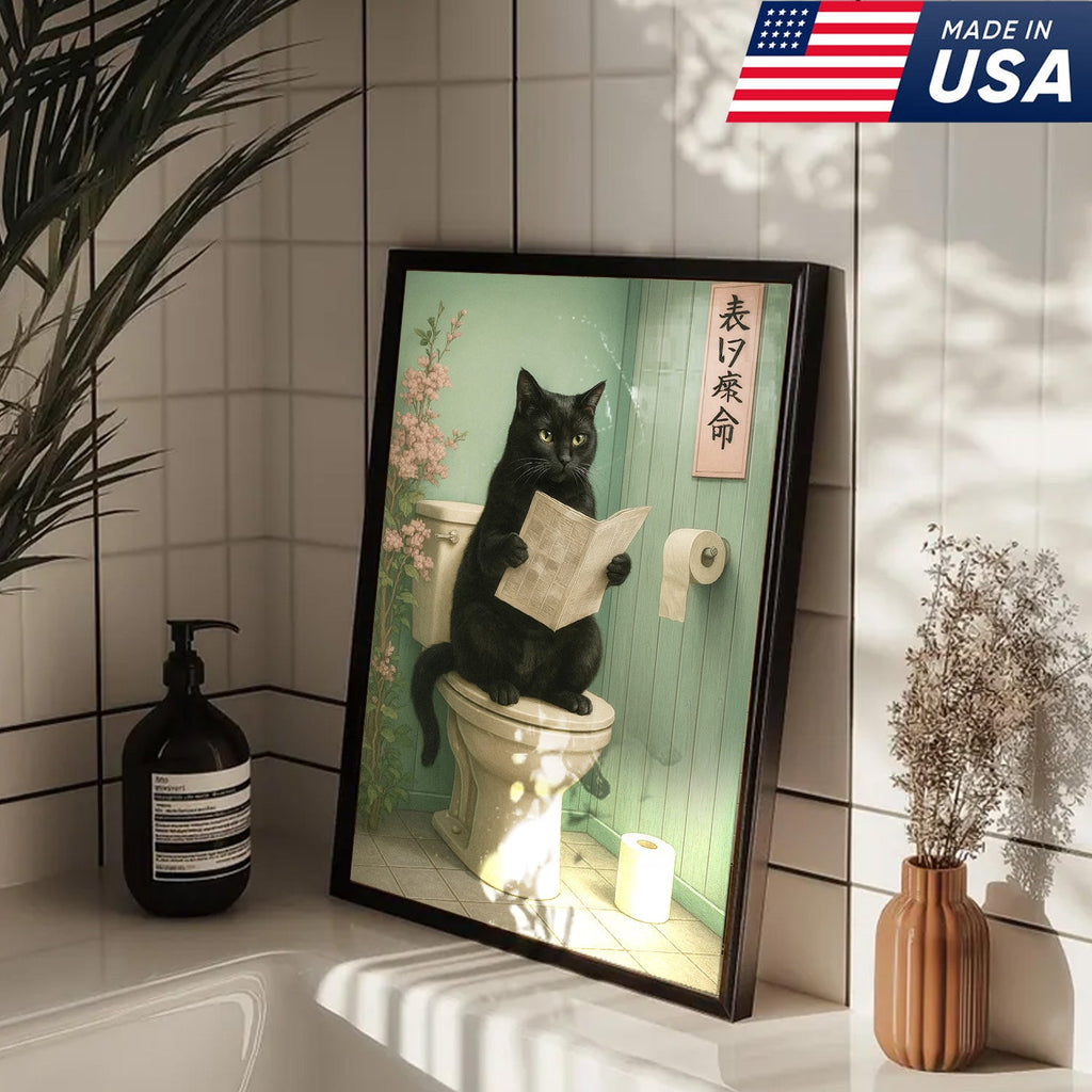 Funny Cat Bathroom Canvas Wall Art, Black Cat on Toilet Reading Newspaper