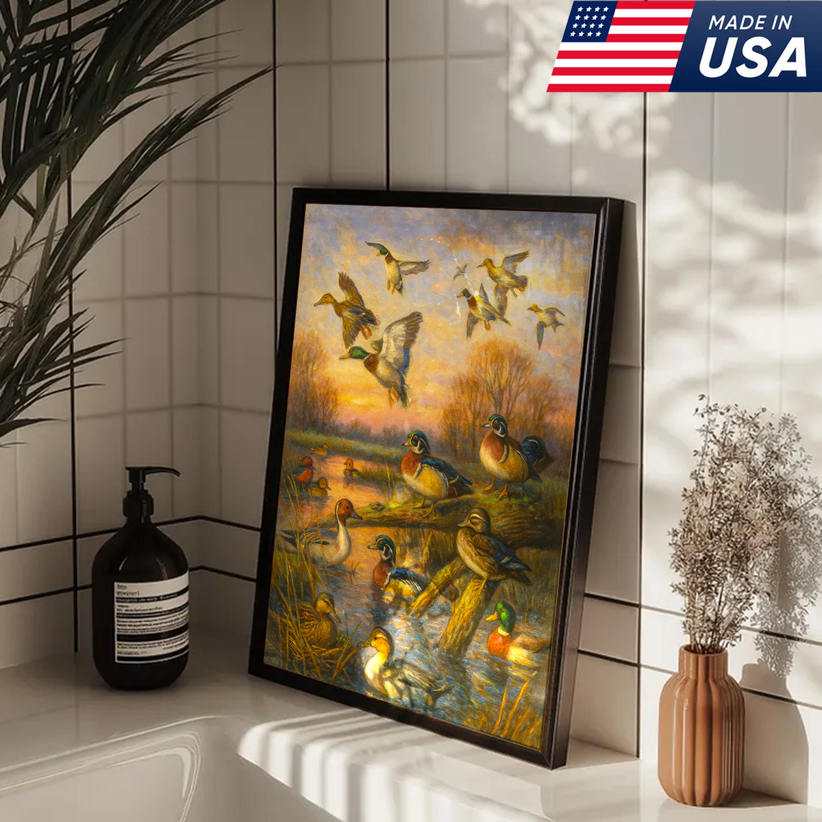 Duck Hunting Canvas Wall Art – Oil Painting Style Waterfowl at Sunset Rustic Lodge Decor