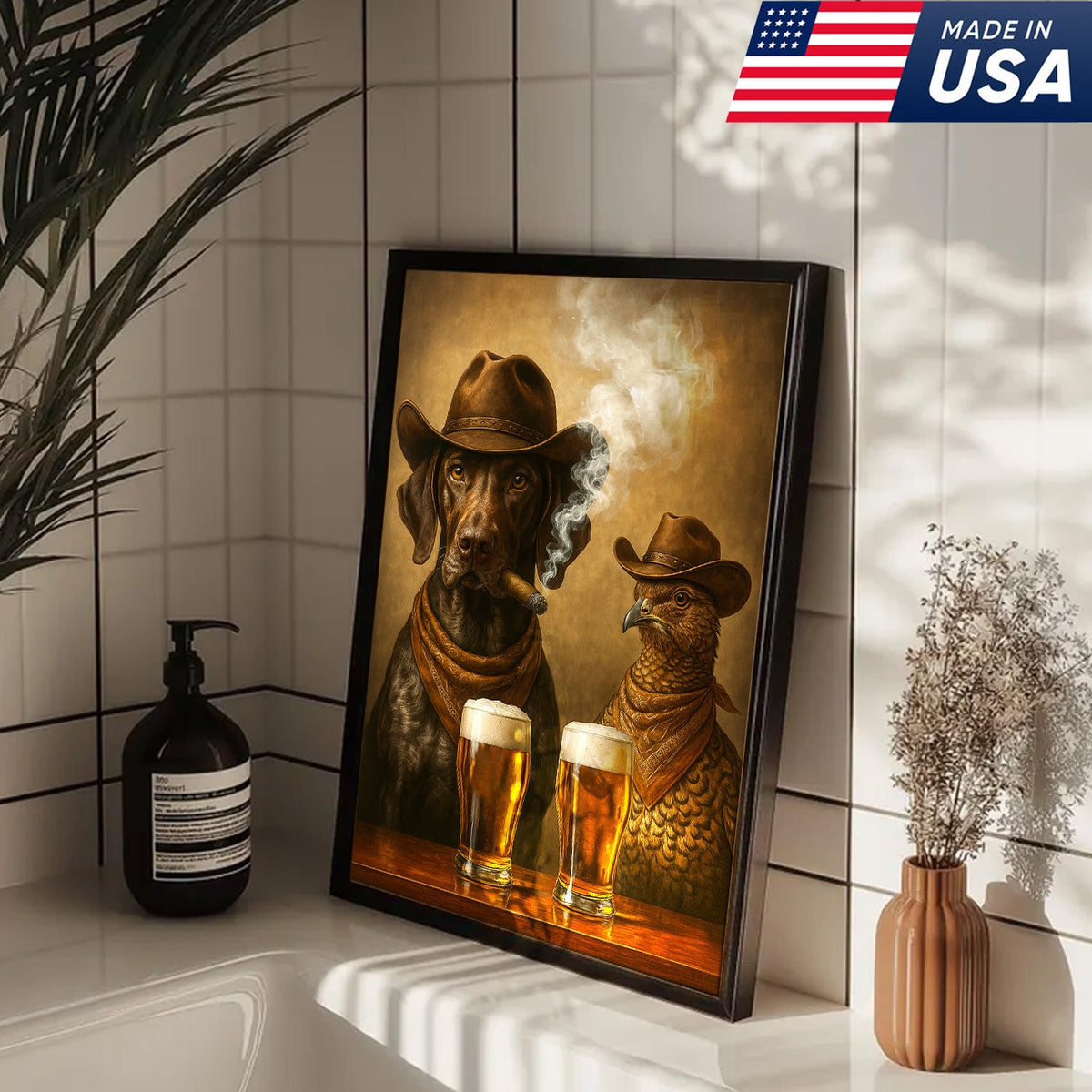 Funny Dog & Grouse Beer Canvas Wall Art – Rustic Cowboy Bar Decor Gift for Hunters & Outdoorsmen
