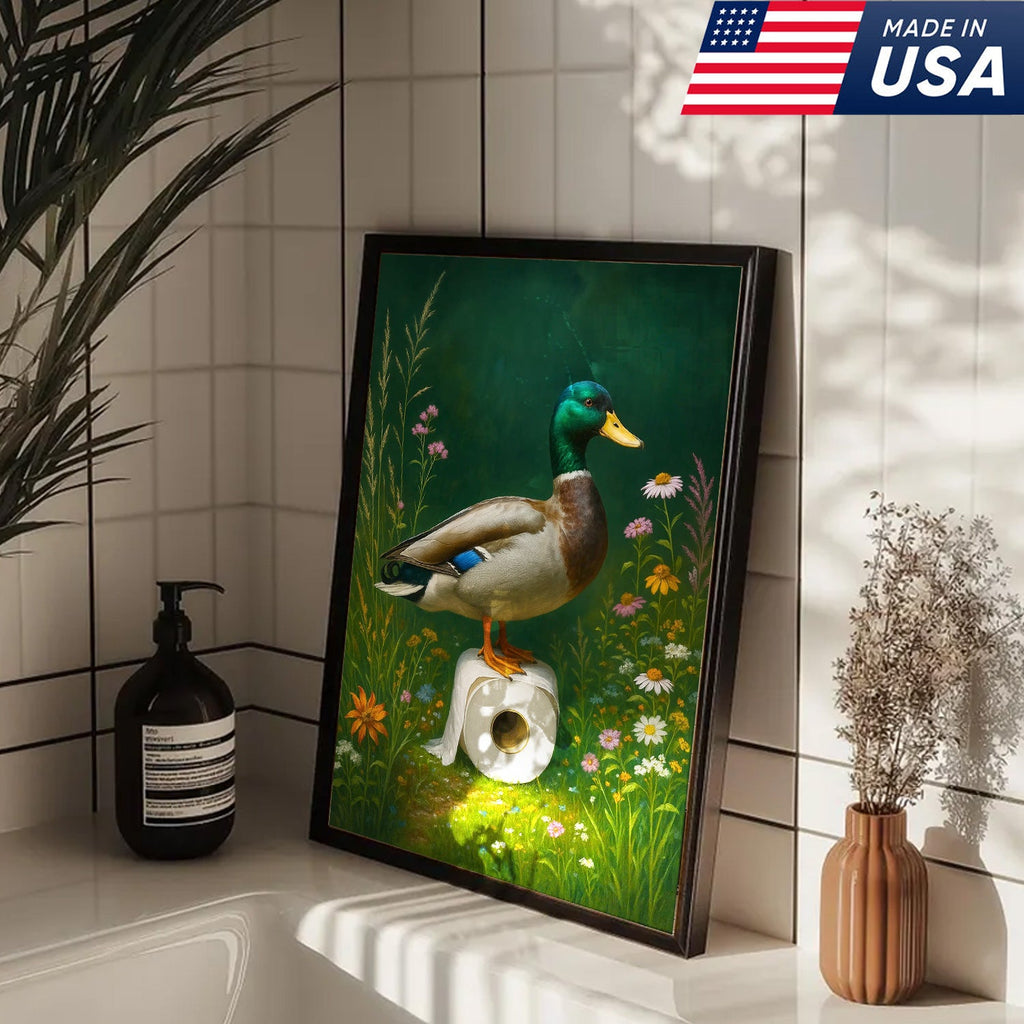 Duck on Toilet Paper Canvas Wall Art, Funny Bathroom Decor with Wildflowers