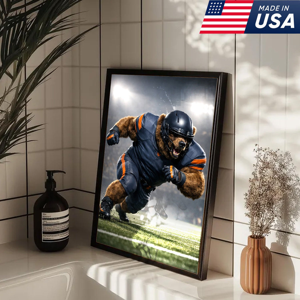 Raging Grizzly Football Canvas Wall Art – Powerful Bear Athlete Stadium Action Print