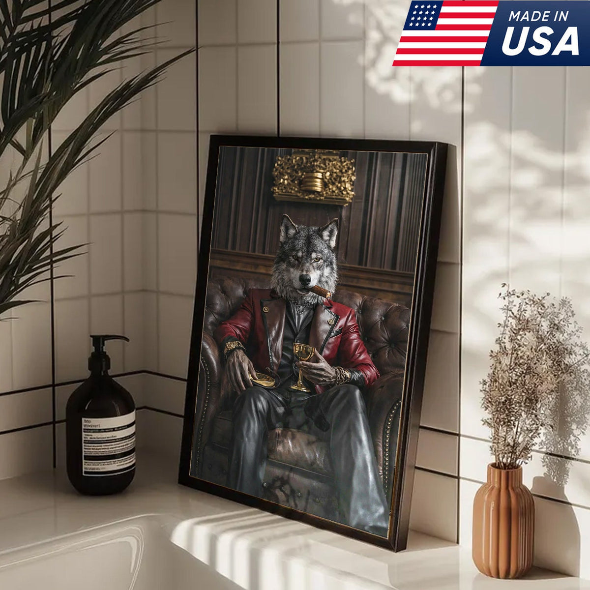 Luxury Alpha Wolf Canvas Wall Art, Aristocratic Wolf Gentleman Portrait