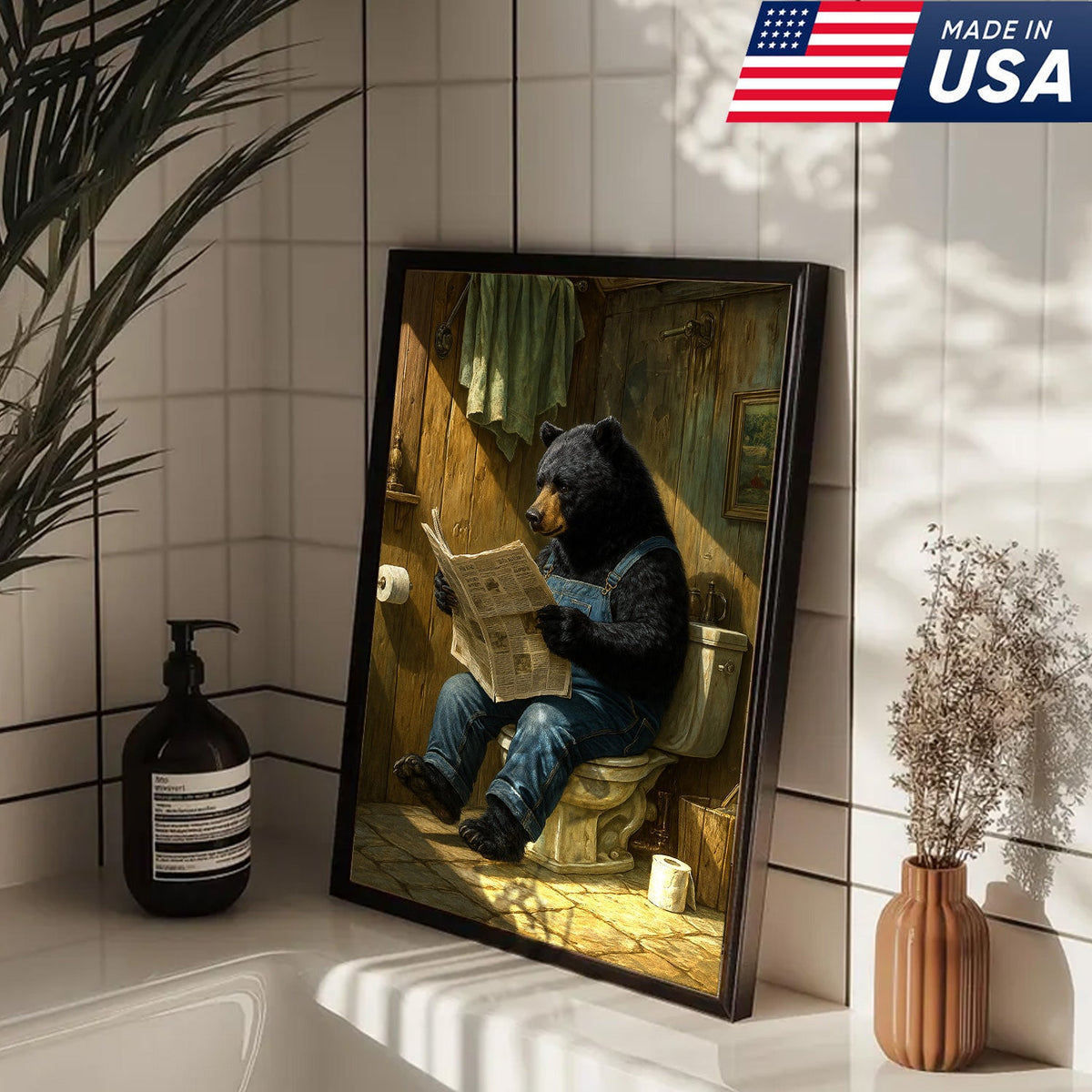 Funny Bear Reading Newspaper Bathroom Wall Art Canvas – Humorous Rustic Animal Decor Print