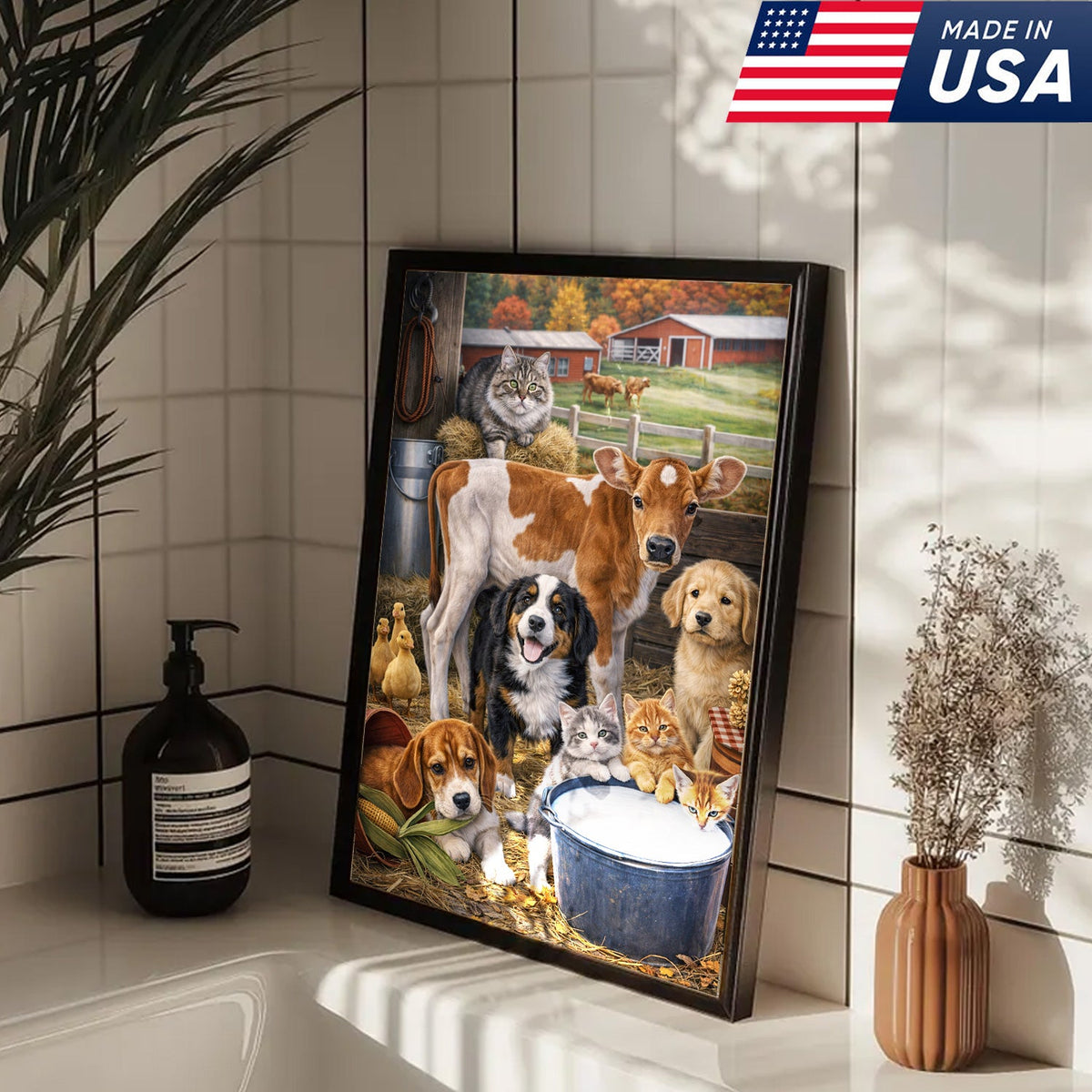 Farm Animals Canvas Wall Art – Cute Barn Animal Painting Cow Dog Cat Farm Decor