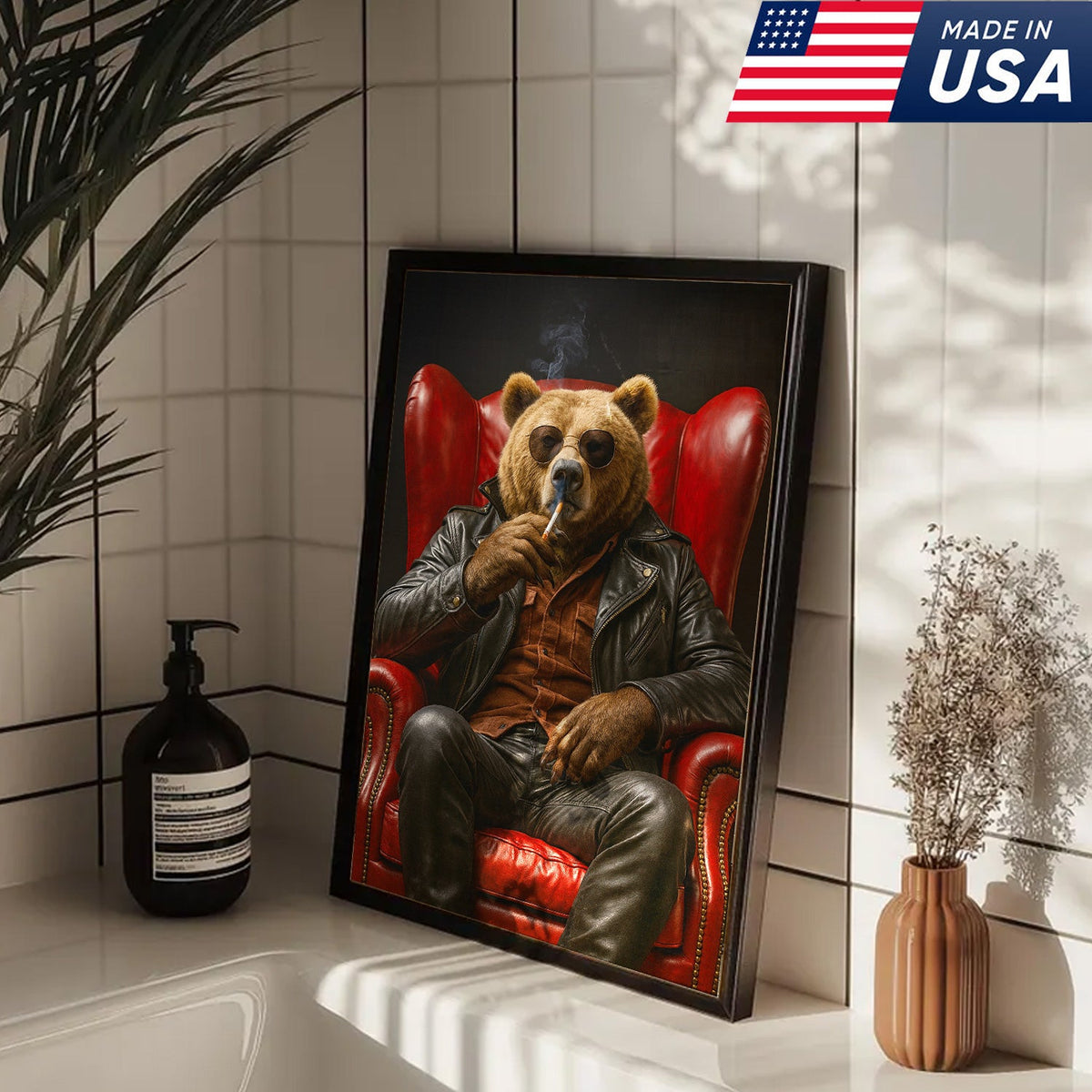 Cool Smoking Bear Wall Art Canvas – Badass Leather Chair Bear Canvas Print for Man Cave Decor