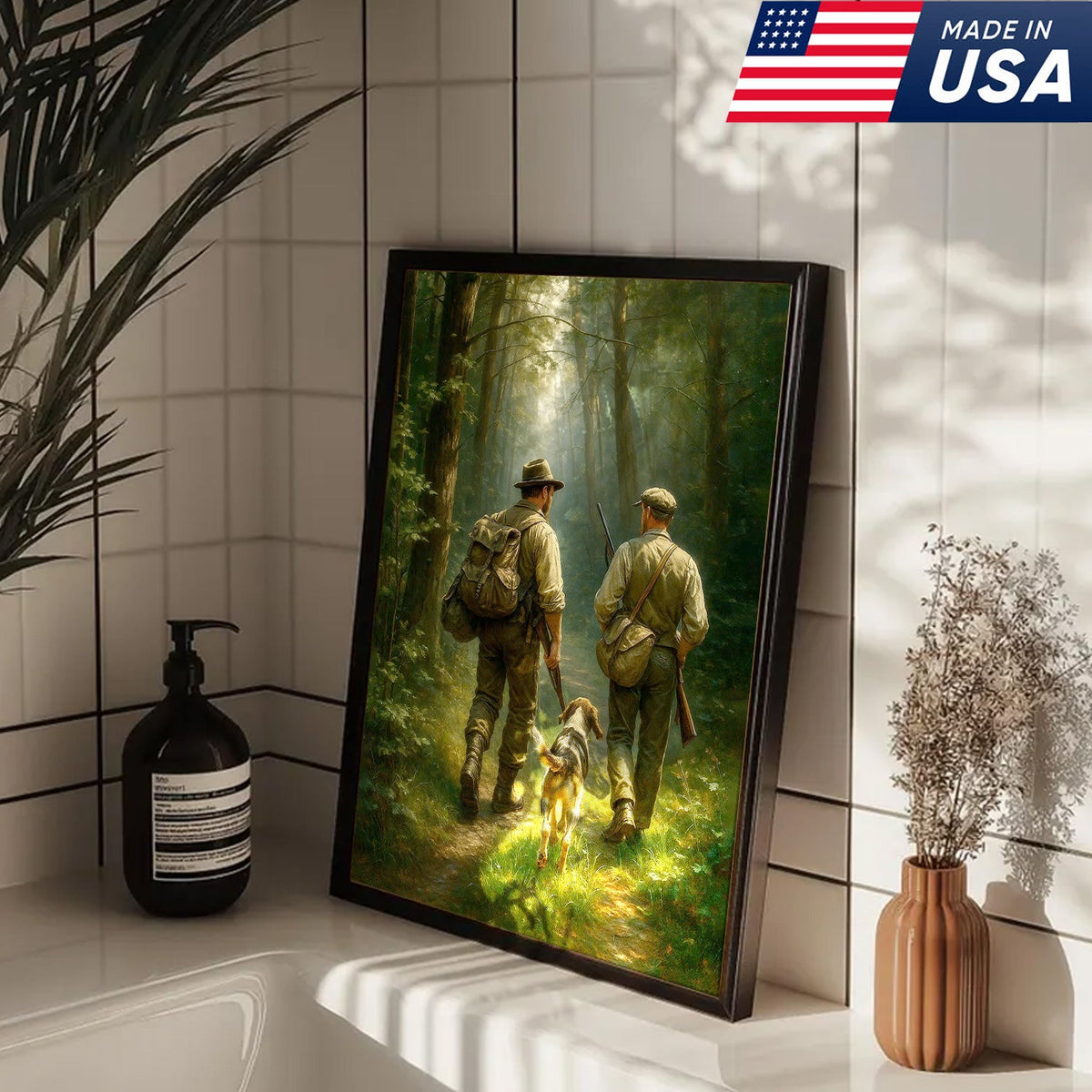 Hunting Canvas Wall Art – Hunters Walking with Dog in Forest – Rustic Cabin Decor