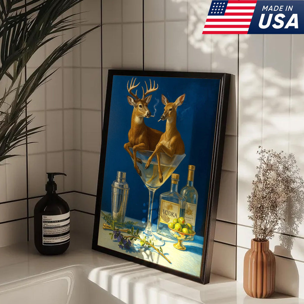 Funny Deer Couple Wall Art Canvas – Whimsical Buck and Doe in Martini Glass