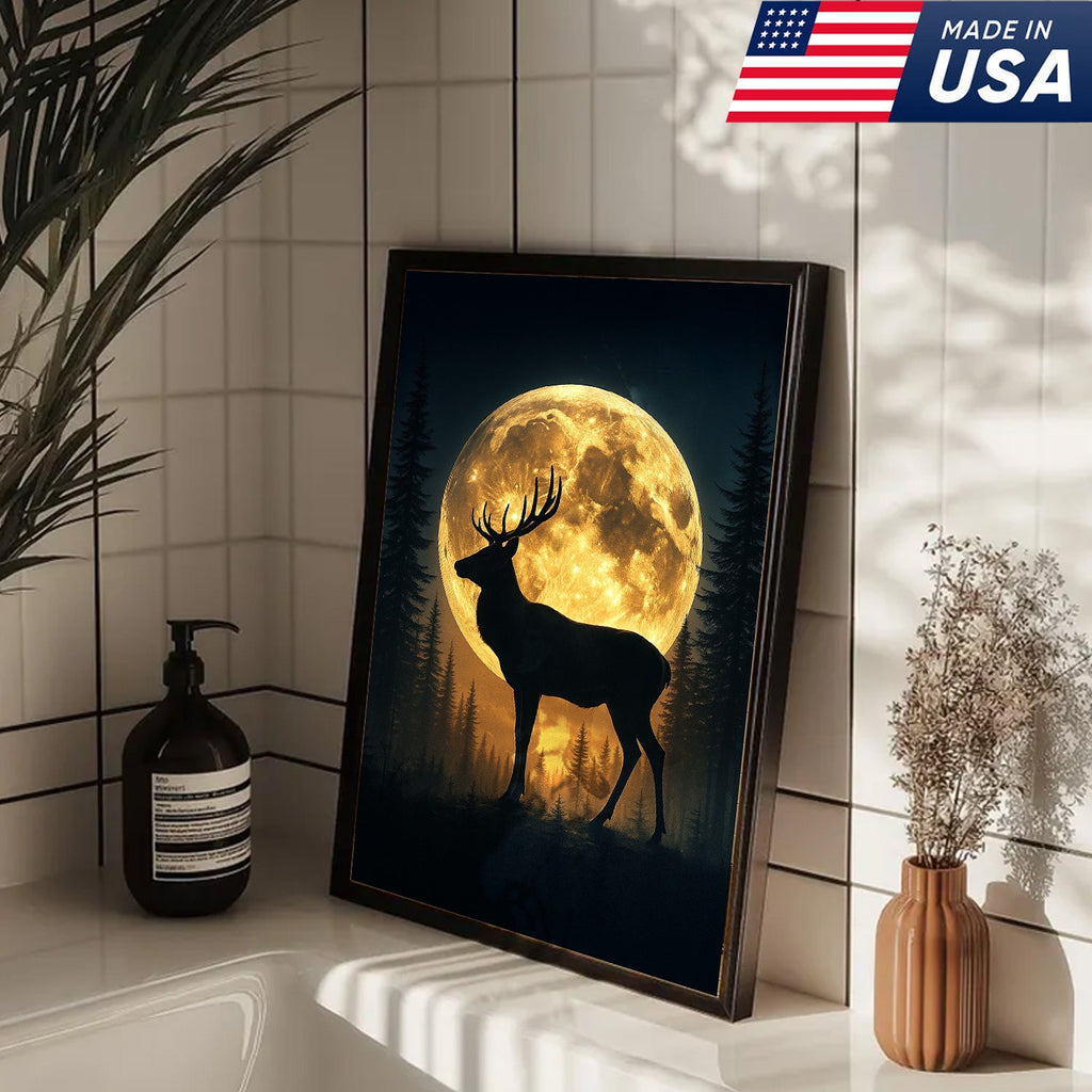 Moonlit Deer Silhouette Canvas – Rustic Forest Wall Art for Cabin & Lodge Decor
