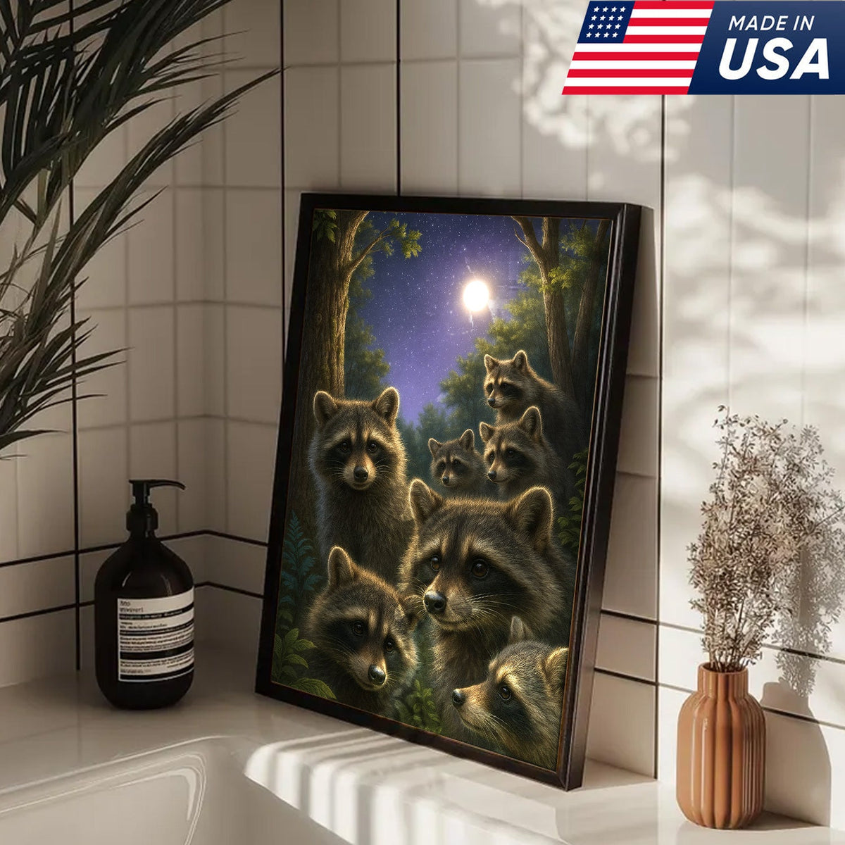 Raccoons Under Full Moon Canvas – Woodland Night Scene, Rustic Lodge Wall Art
