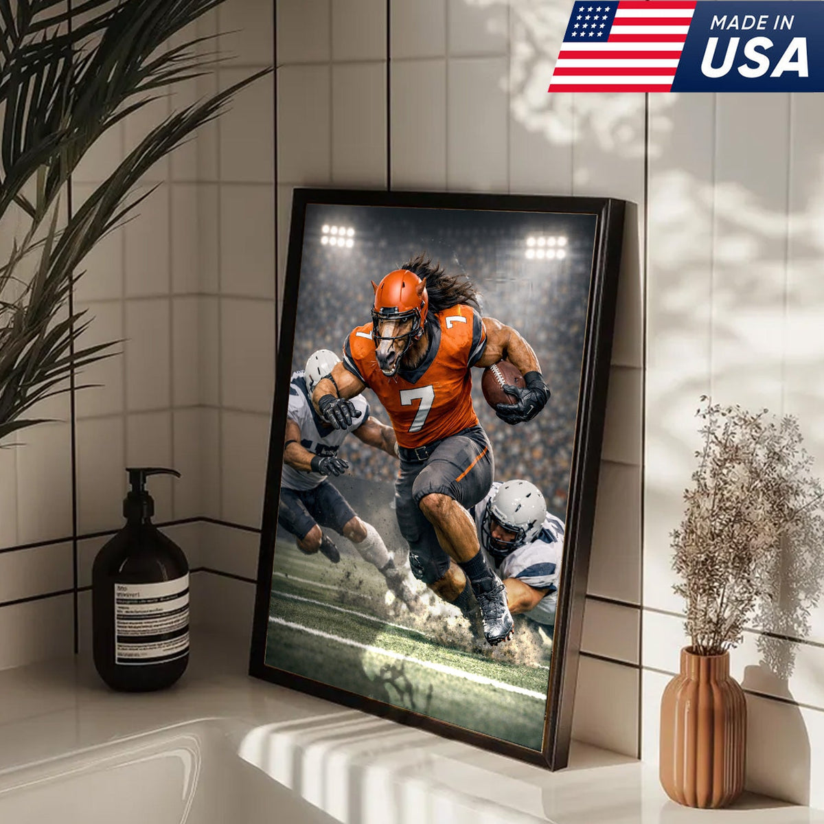 Wild Stallion Football Canvas Wall Art – Powerful Horse Athlete Stadium Action Print