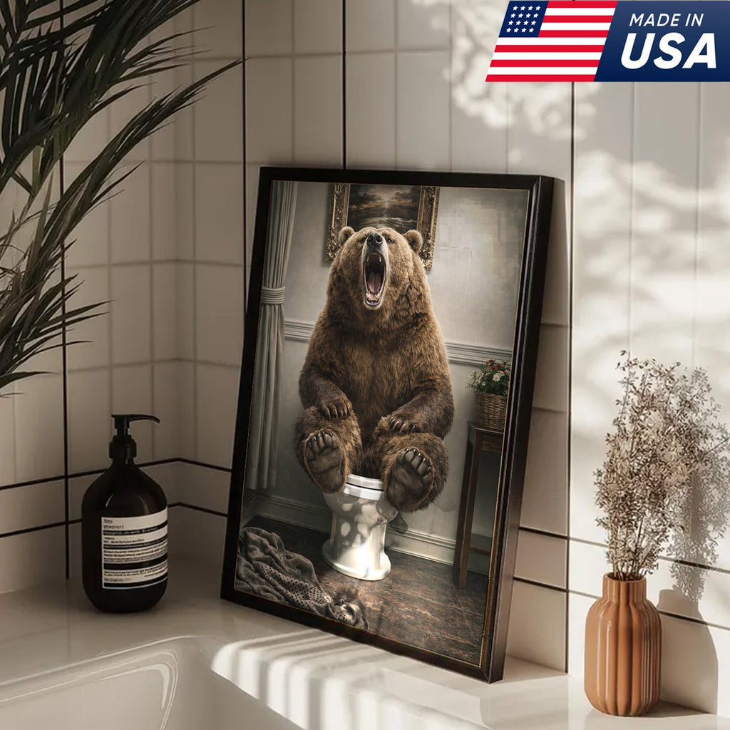 Funny Roaring Bear Bathroom Canvas Wall Art – Bear On Toilet Painting