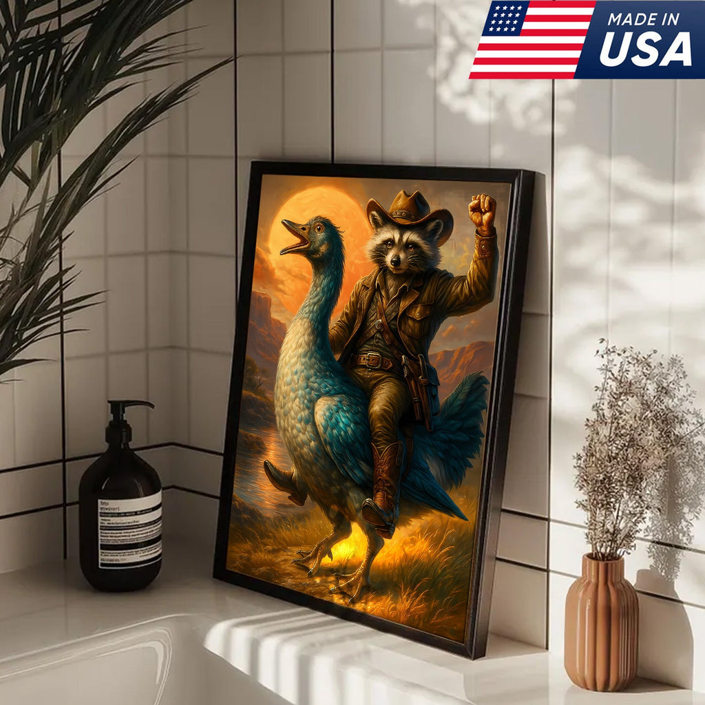 Raccoon Cowboy Riding Goose Canvas – Funny Western Wall Art for Hunters & Animal Lovers