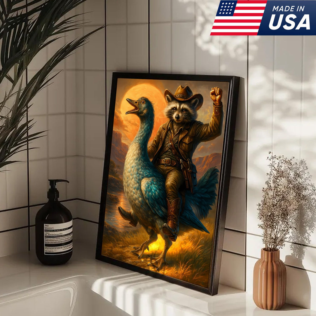 Raccoon Cowboy Riding Goose Canvas – Funny Western Wall Art for Hunters & Animal Lovers