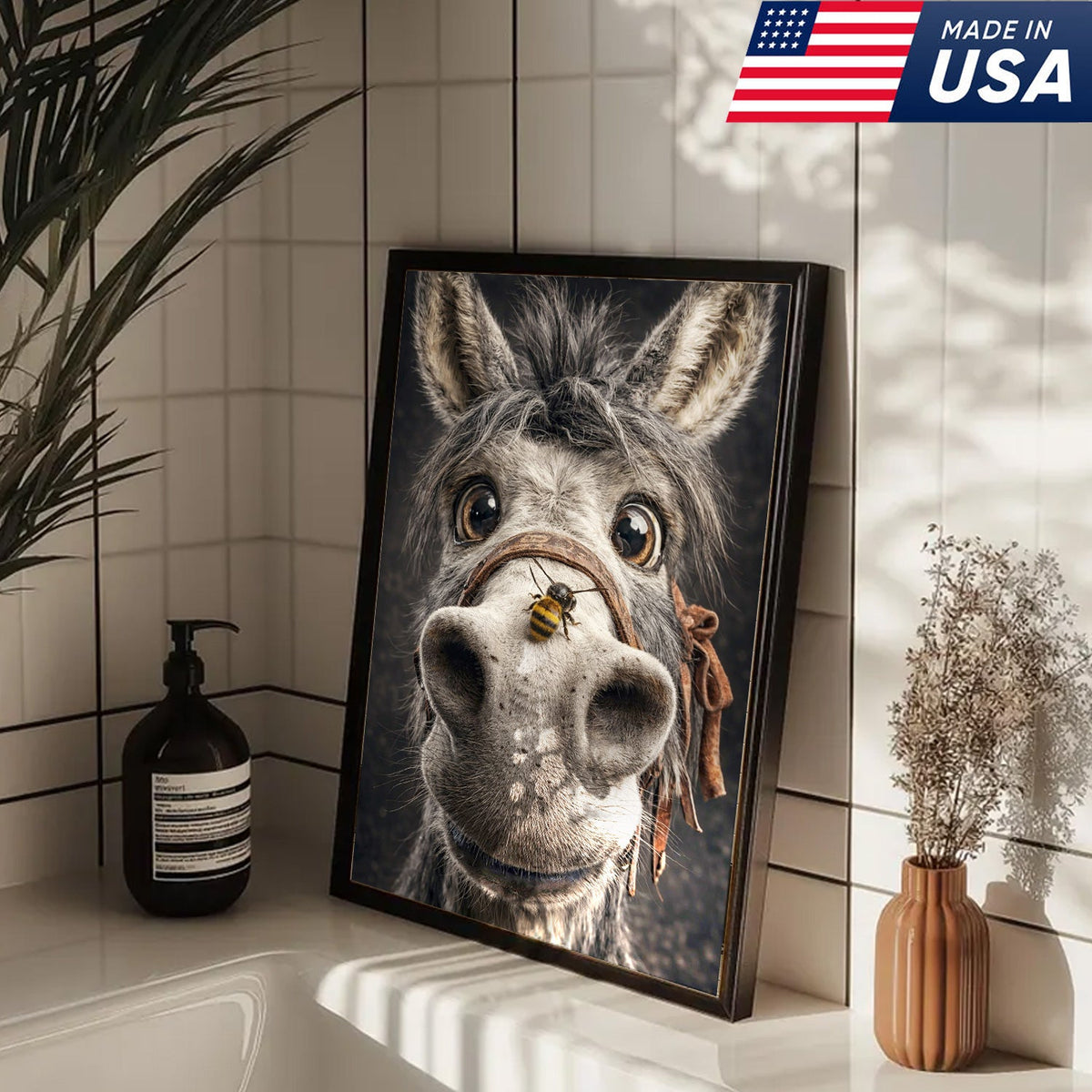 Funny Donkey Canvas Wall Art – Curious Donkey Portrait Farm Animal Wall Decor
