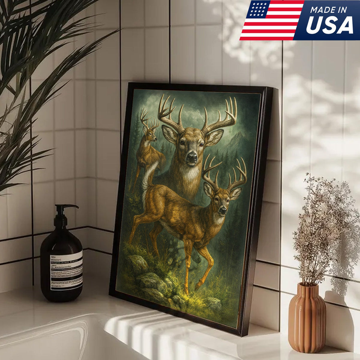Whitetail Deer Trio Canvas Wall Art, Majestic Bucks in Forest Scene, Perfect Hunting Lodge