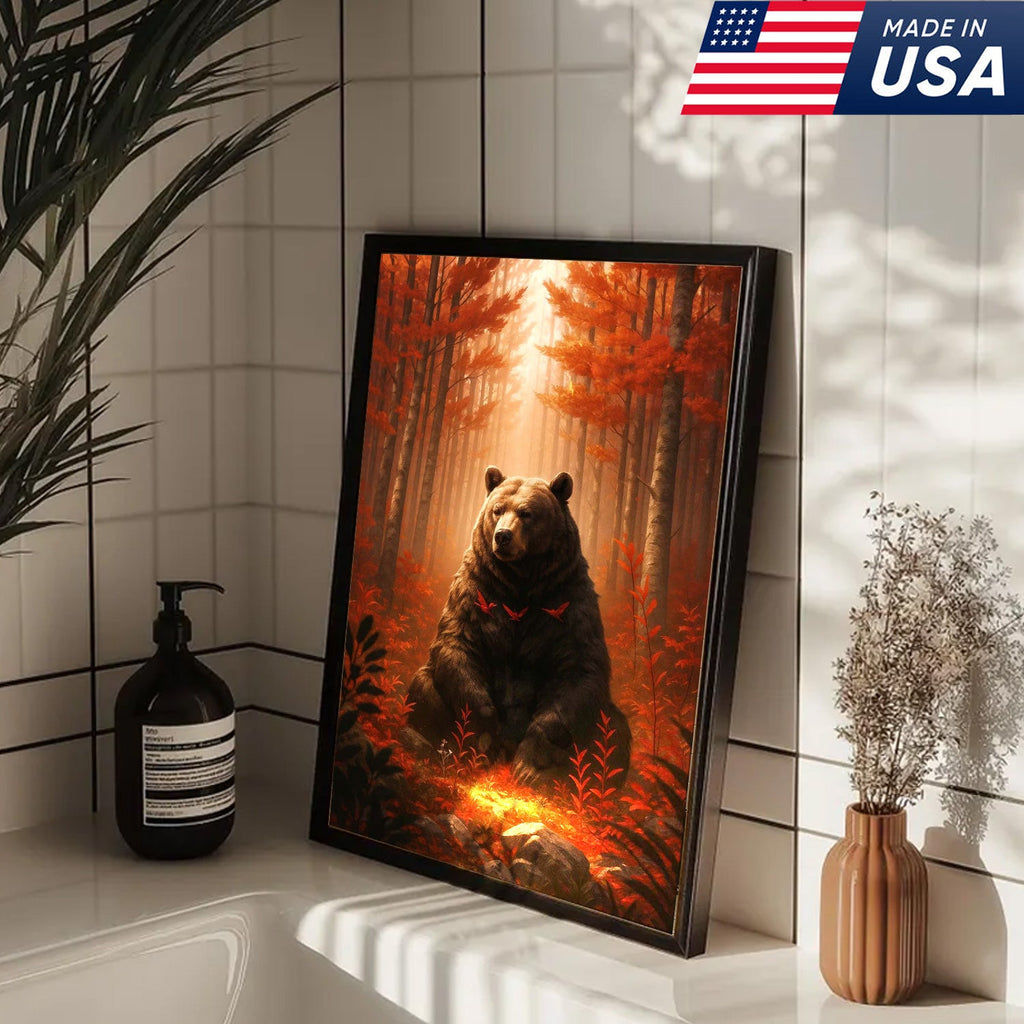 Autumn Forest Bear Canvas Wall Art, Majestic Brown Bear in Fall Woodland