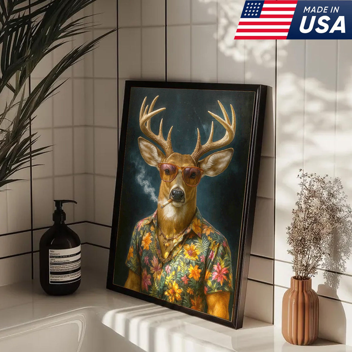 Cool Deer Smoking Canvas Wall Art, Funny Animal Portrait Artwork, Retro Hunter Gift Decor