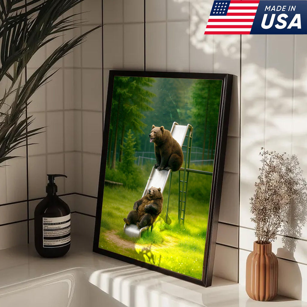 Bears on Playground Slide Canvas Wall Art, Funny Wildlife Cabin Decor