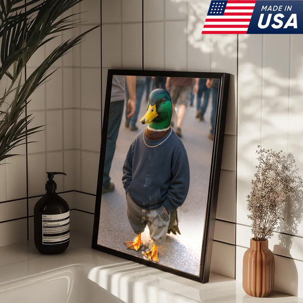 Funny Duck Canvas Wall Art, Cool Mallard in Hoodie Streetwear Poster