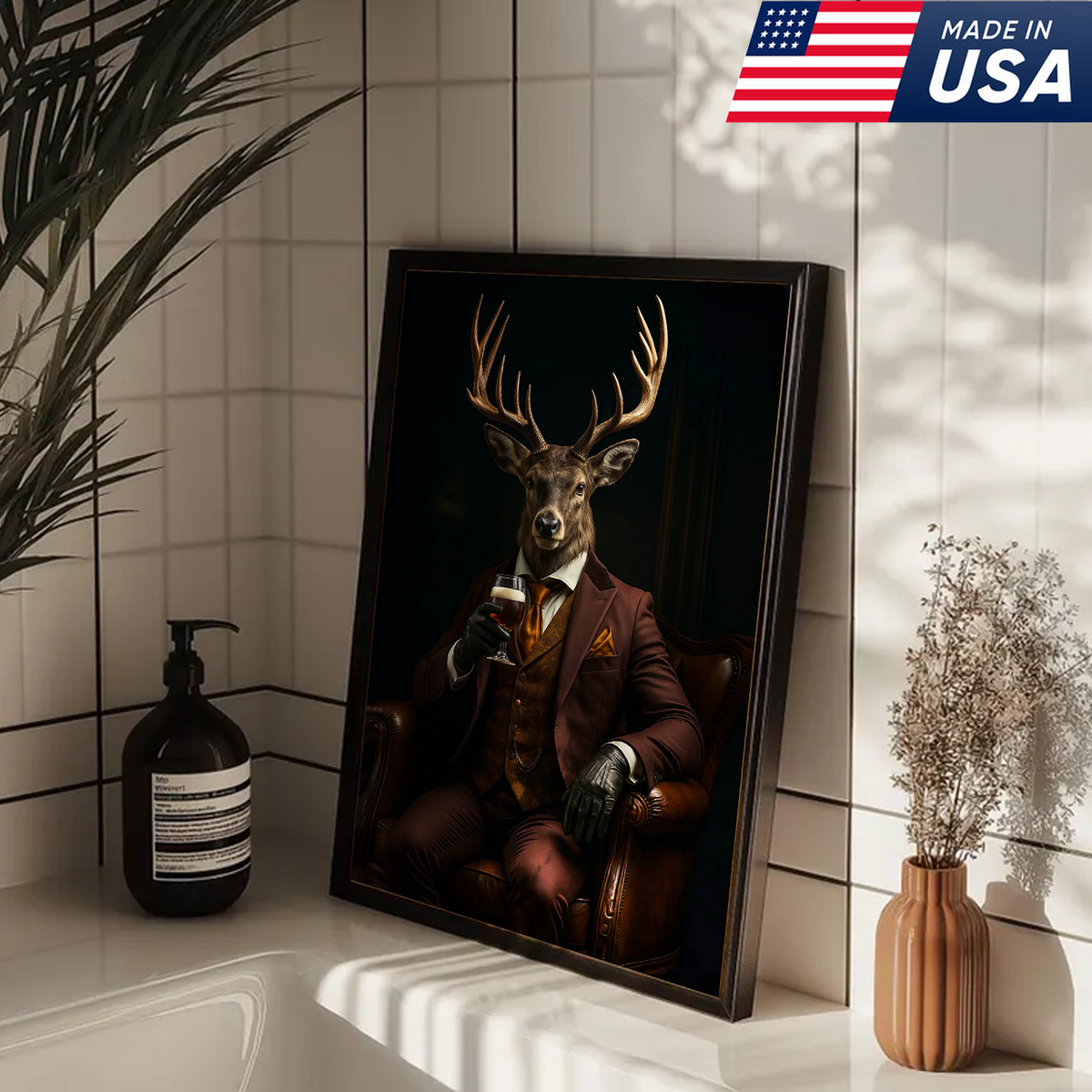 Deer Gentleman Canvas Wall Art – Rustic Lodge Decor, Anthropomorphic Buck in Suit